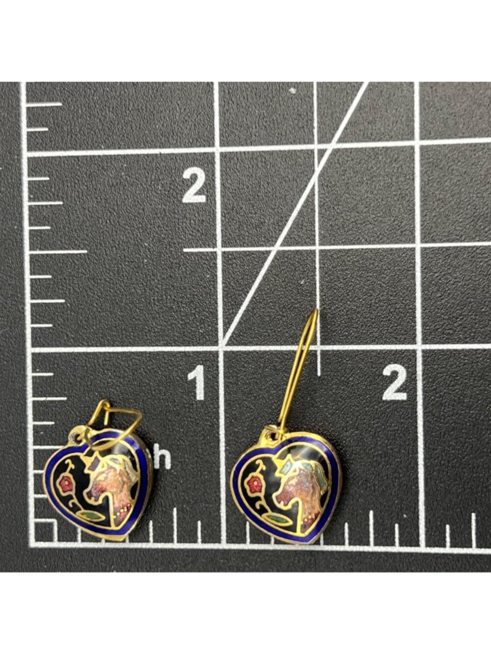 Heart-Shape Cloisonné Earrings Unicorn Gold-Tone Double-Sided Cobalt Blue Black - Picture 3 of 10